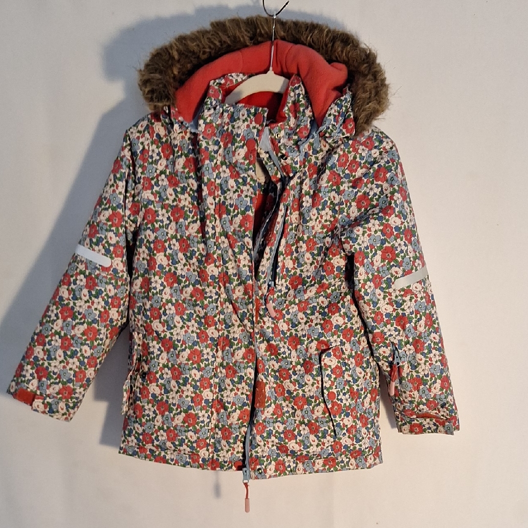 Mini Boden Floral Puffer Jacket With Faux Fur Hood